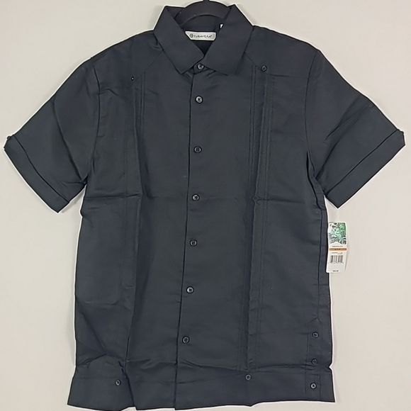 NWT Cubavera Men's Classic-Fit Linen Guayabera Short-Sleeved Black Shirt Size S - Picture 1 of 9